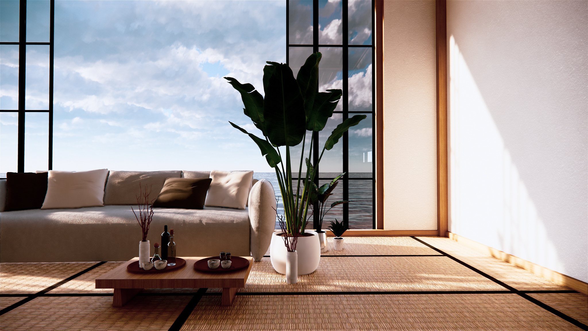 Japanese Interior Design of a Living Room 3D  Mockup